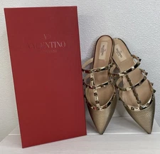 Valentino Garavani Rockstud Leather Mules Women's Size 7.5 Beige Slip On Flats