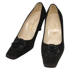 CHANEL Pumps shoes Suede Black CC Auth am8442