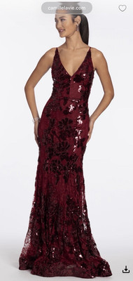 Camille La Vie Burgundy Sequin Floral Mermaid Dress V-Neck Sleeveless | eBay