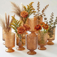 Amber Crystal Glass Vases Set - 9 Embossed Pedestal Vases for Home & Events
