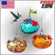 Hanging Blown Glass Hummingbird Feeders with 2 Flower Feeding Ports, Set Of 3