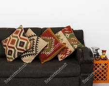 4 Set of Wool Jute Cushion Cover Throw Indian Vintage Handmade Kilim Rug Pillows