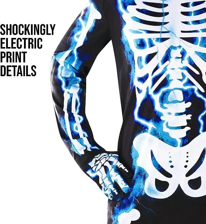 Hombre Eléctrico Esqueleto Mono Capucha Guantes Adulto Hueso Marco Halloween Disfraz Foto 4 de 4