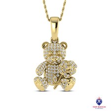 3D Teddy Bear with Rose Flower 0.33 Ctw Diamond Pendant Charm 10K