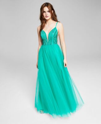 Say Yes To The Prom Juniors’ V-Neck Beaded Top Ball Gown Dress, Spearmint, 