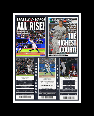 YANKEES AARON JUDGE HITS 62 HR MATTED PHOTO OF NEWSPAPERS @COMMEMORATIVE TICKETS