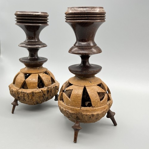VTG Set HAND-CARVED TURNED-WOOD Brazil Nut Pod CANDLE HOLDERS Folk Art LATIN AM - Picture 16 of 23