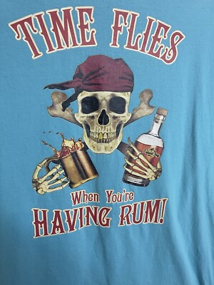 Time Flies When You re Having Rum Pirate Skull Drinking T-shirt Size XL Blue