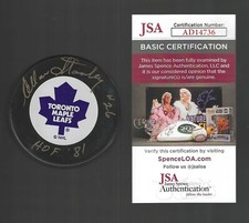 Allan Stanley Signed & Inscribed Toronto Maple Leafs Trench Puck JSA COA Gold