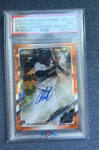 2021 JAZZ CHISHOLM TOPPS CHROME SAPPHIRE ROOKIE RC AUTO ORANGE /25 MARLINS PSA 9
