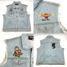 Vintage 90s Y2K Biker Design Light Wash Raw Hem River Run Patches Biker Vest L