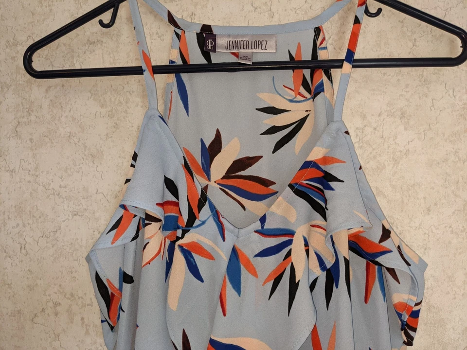 Jennifer Lopez Para Mujer Talla SM Azul Floral Volantes Frontal Sin Mangas Estilo Cami Foto 3 de 4