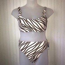 MICHAEL KORS Retail 142 Bone Logo Print Ring High Waist 2 Piece Bikini Size L
