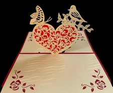Pop-Up  Greeting Card Handcrafted Heart Butterflys Bird Love Occasions