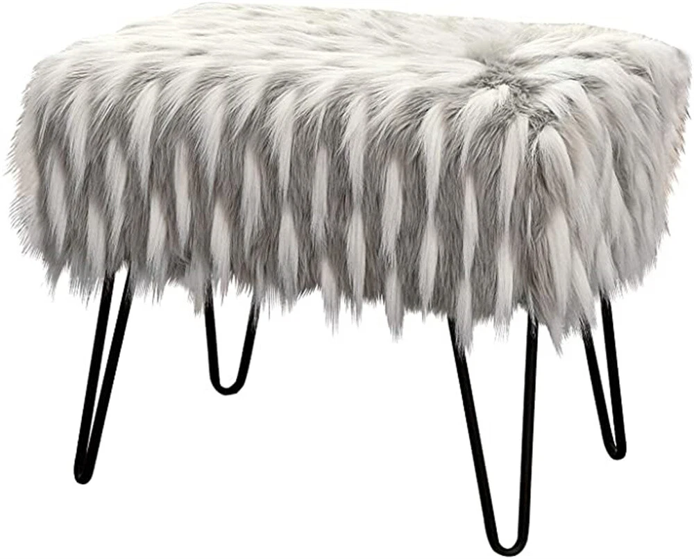 HST Feathery Faux Fur Ottoman Bench Foot Rest Vanity Makeup Stool