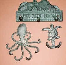 Beach Bath House Towel Hooks, Bronze Look Cast Iron, 3 items