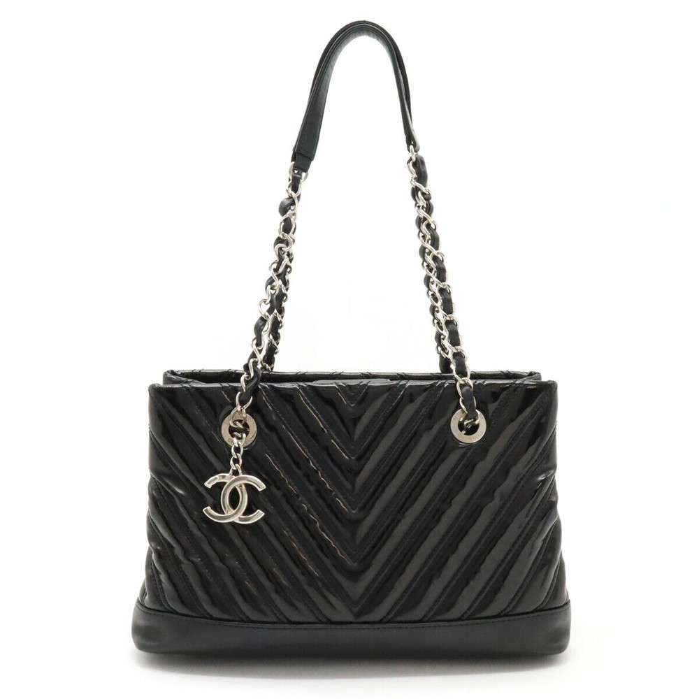 CHANEL V-stitch Chevron Chain Tote Shoulder Bag Very Good Enamel Black  C103010