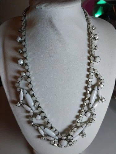Vintage Milk Glass Rhinestone Statement Necklace Silver Tone Mid Century