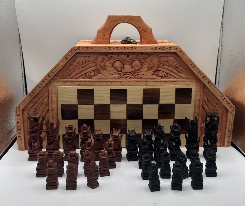 Asian Hand Carved Wooden Chess Pieces Vintage Complete Set