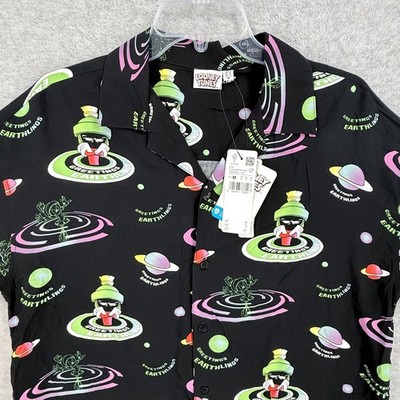 Marvin the Martian Shirt Mens Medium Looney Tunes Black Button Space Earthlings