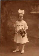 1920s Cabinet Card Portrait of Girl in White Dress Hair Ribbon Bouquet
