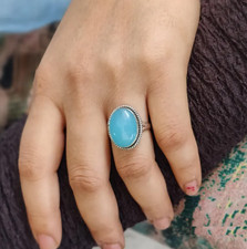 Handmade Aqua Chalcedony Ring Sterling Silver Oval Birthstone Ring All Size R359