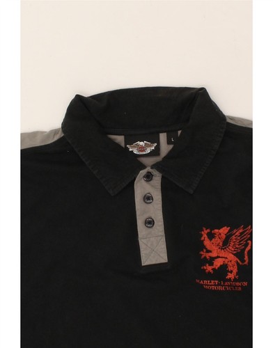HARLEY DAVIDSON Mens Graphic Polo Shirt Large Black Colourblock Cotton TM05 - Picture 3 of 3