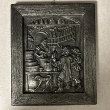 Vintage Metal Relief Art English Kitchen Scene W Dog 9x11 Silver