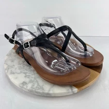 COACH AND FOUR Leather Thong Black Tan Women's Flat Sandals Italy 8.5