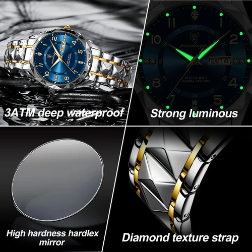 POEDAGAR Montres à Quartz Homme 3 ATM Étanche Lumineuse Date Or Montre-Bracelet SS - Photo 5/10