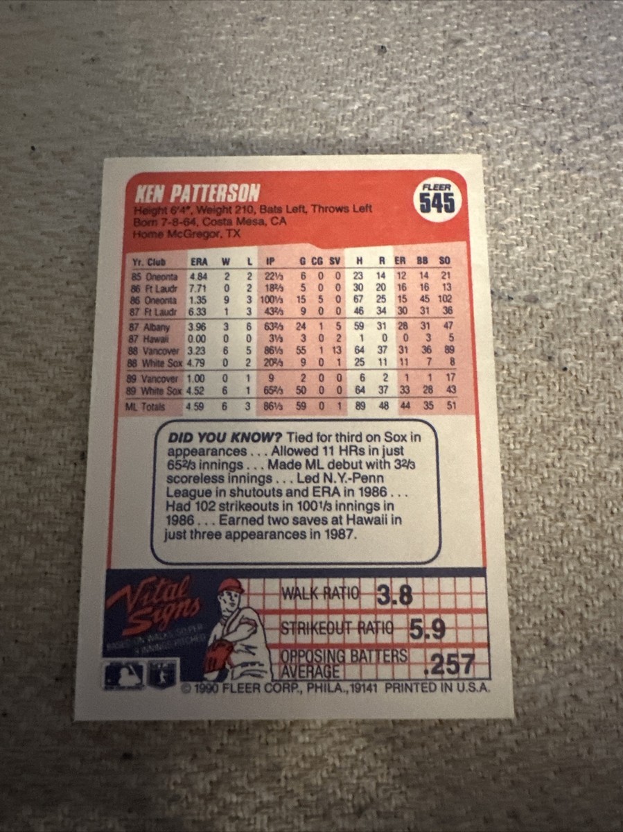 1990 Fleer Baseball Card #545 - Ken Patterson - Chicago White Sox