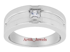 Moissanite With 14K White Gold Plated Silver Ring For Men's #997