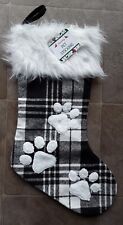 Holiday Pet Stocking - Paw Print Cat or Dog Black  Ivory Plaid - NEW