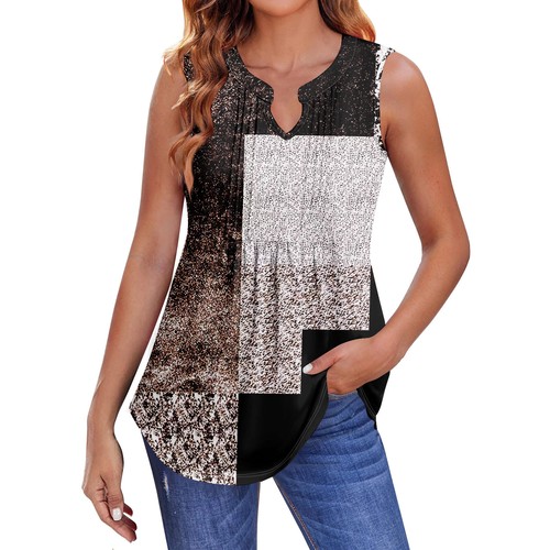 Womens Summer Tank Tops Pleated V Neck Printing Casual Top Tank Tops For - Picture 6 of 36