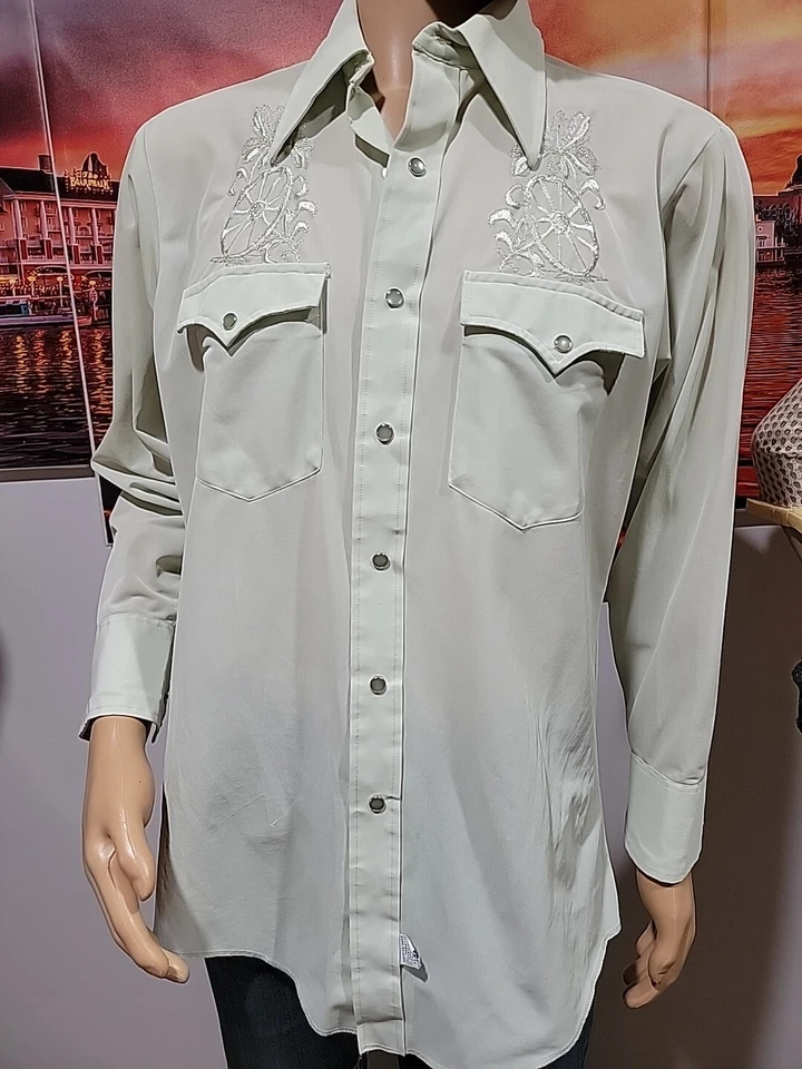 H BAR C 16-33 Ranchwear CA Long Tail Mint Snap Button Embroidered Men's Shirt #C - Image 3 of 4