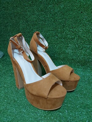 Damen-Partyschuhe hoch zehenfrei Kunst-Wildleder Blockabsatz hellbraun UK 5 NEU