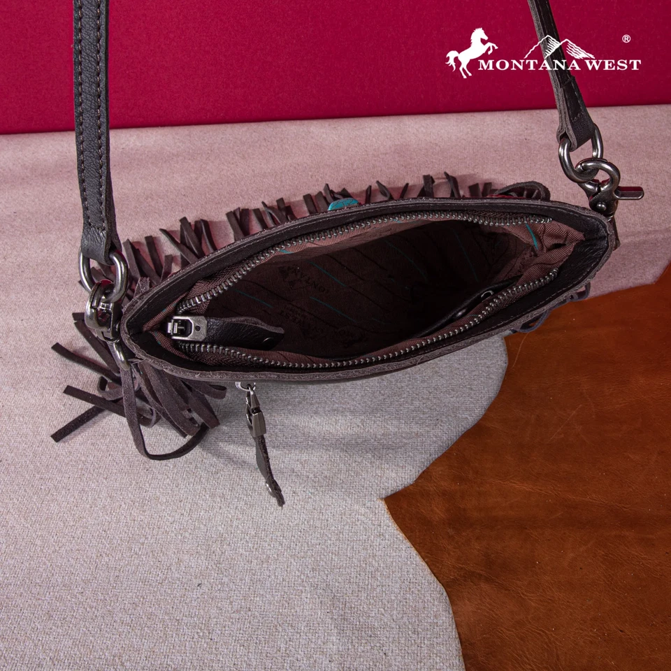 Montana West Genuine Leather Tooled Silver Turquoise Concho Fringe Crossbody CF - Image 4 of 4