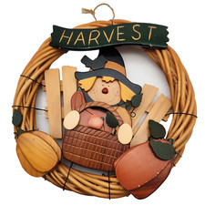 13" Wreath Thanksgiving Pumpkin Harvest Scarecrow Fall Round Wood Vintage