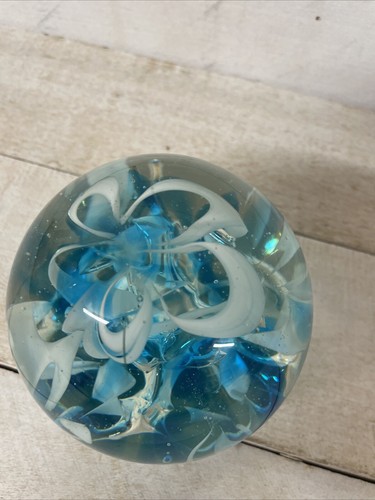Handcrafted 3” Blue & White Marble Swirl glass Paperweight Fast Shipping - Picture 4 of 9