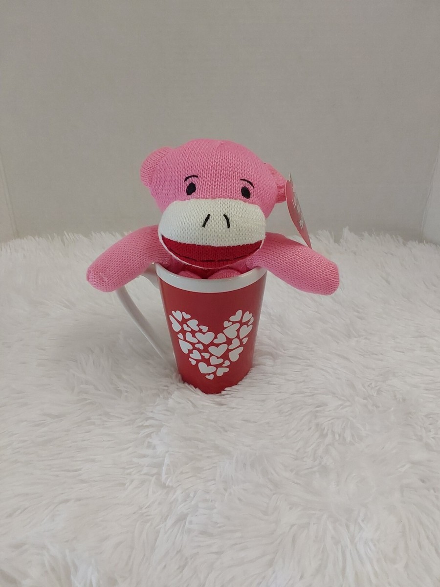 Valentine's Day Dan Dee Pink Sock Monkey In Red Mug W/White Hearts
