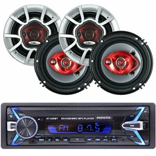 Car Media Receiver 1-DIN USB, SD, AUX Work w/ Bluetooth & 2 Pairs 6.0" Speaker