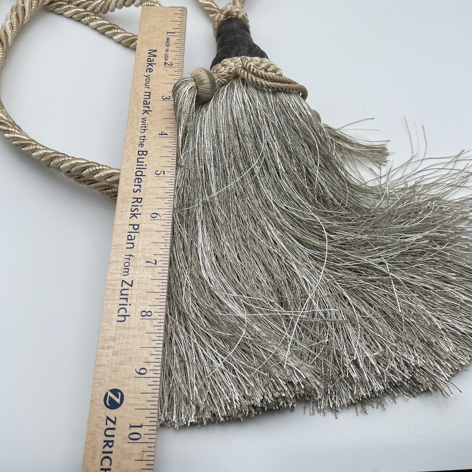 Large 10" Tassel Curtain Drapery Tieback Taupe Gold Brown Ornate Corded Rope