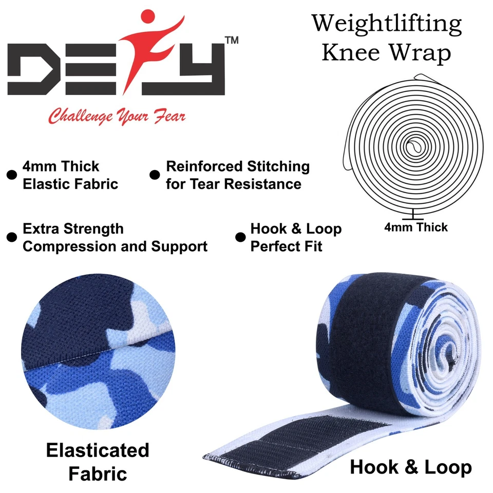 DEFY Weight Lifting Knee Wrap Fitness Training Straps Power Lifter Gym BLUE CAMO - Image 4 of 4