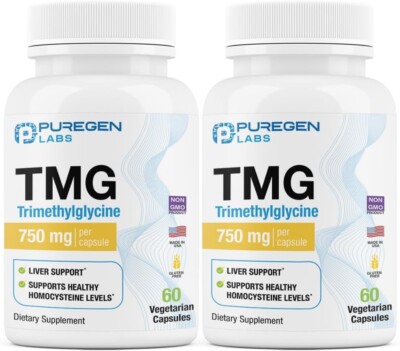 Puregen TMG Trimethylglycine 750mg 60 Vegetarian Capsules 2Pk Fresh Lot Exp 5/27