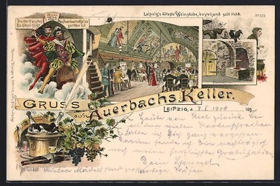 Lithographie Leipzig, Gasthaus Auerbachs Keller, Doctor Faus 1900 