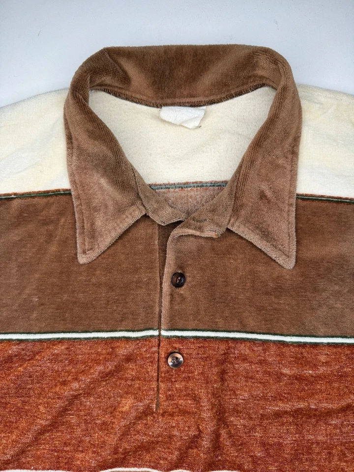 Camisa Polo Patinador Disco Terry LS Vintage Mod Terciopelo Marrón Verde Rayas L Foto 4 de 4
