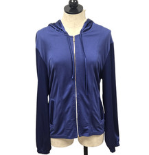 ST JOHN Women's Blue Full Zip Jacket Modal Nylon Spandex Gold Hardware Large