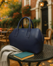 NEW FURLA Papermoon Navy Blue Leather Satchel/Handbag/Shoulder Bag/Crossbody Bag