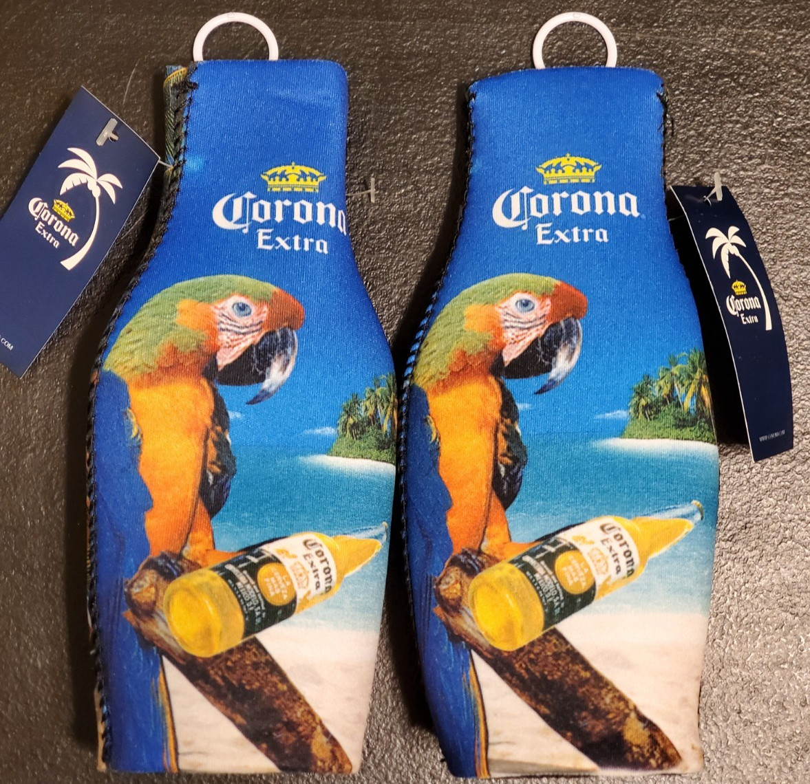 LOT of (2) Corona Extra Parrot Macaw Beach Beer Bottle Zip Coozie Hugger - NEW