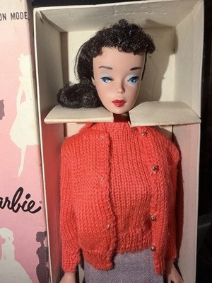 1960 Brunette Ponytail Barbie Pink Silhouette Dressed Box Sweater Girl #976 EX+